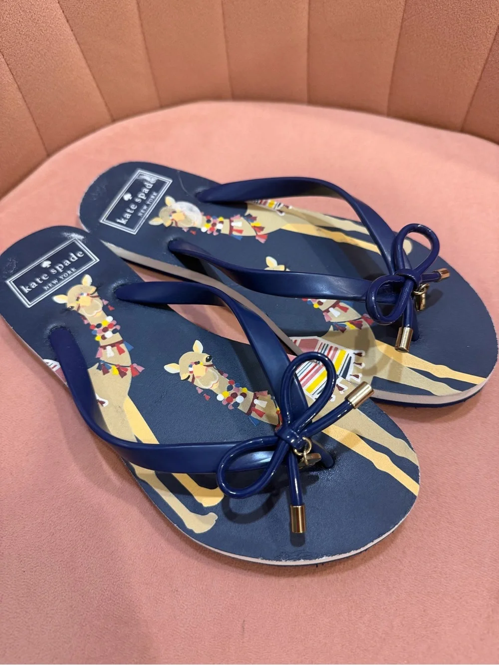 kate spade Navy Llama Print Bow Flip Flops